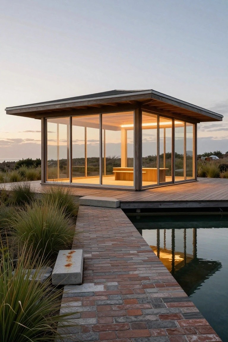 A small rectangular pavilion with wooden frame, overhanging roof, and full-height glass walls containing a wooden bench sits elevated on a wooden deck surrounded by tall grasses, connected by a brick path, with its reflection in a nearby rectangular pool at dusk.