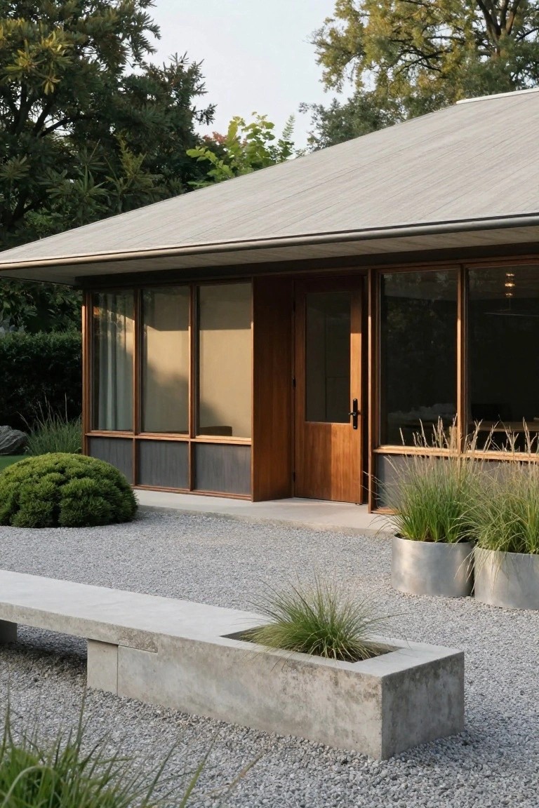 Modern house exterior with gray flat roof overhanging a brown wood entry door flanked by large glass windows, set against a gravel courtyard planted with ornamental grasses, shrubs, and a boulder.