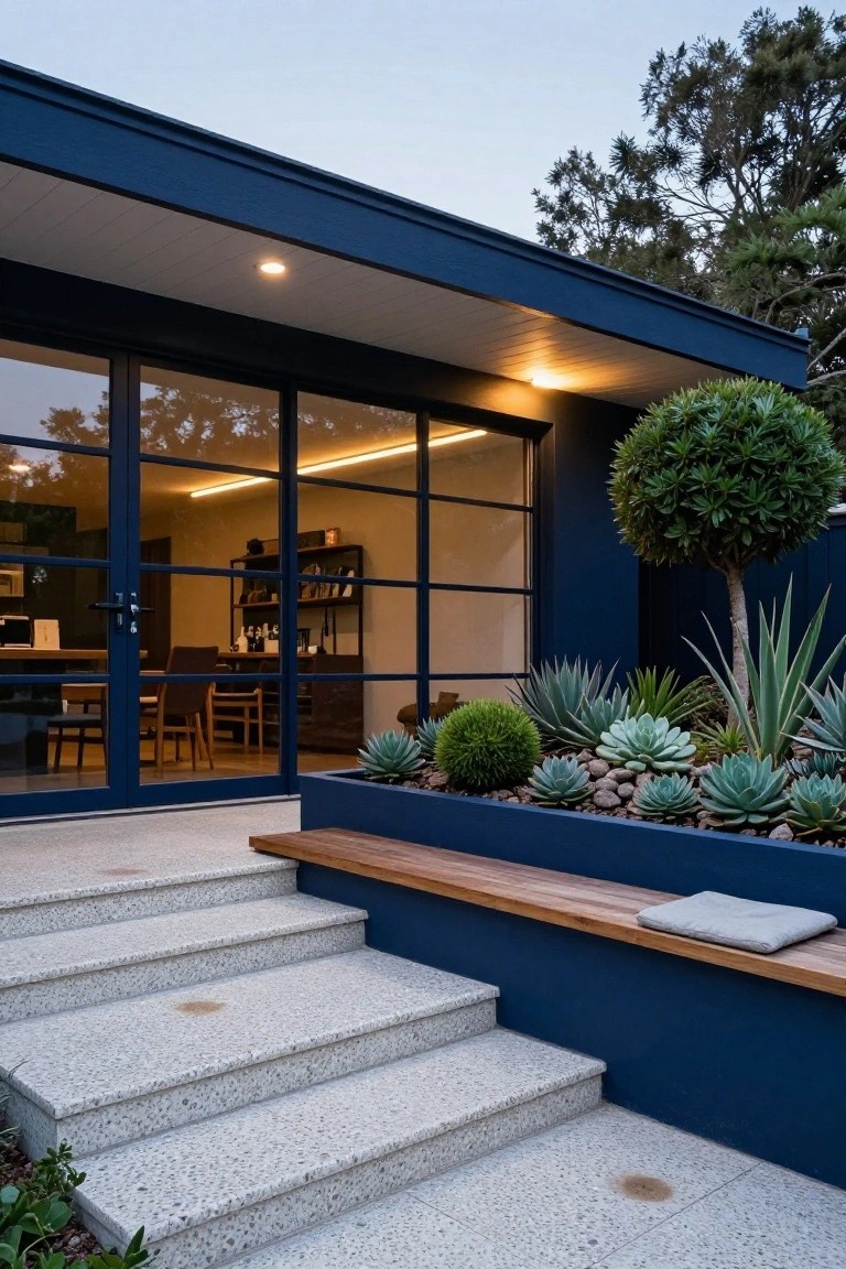 Navy blue house exterior with large steel-framed glass doors, concrete steps leading to a wooden bench and raised succulent planter bed, trees in background at dusk.