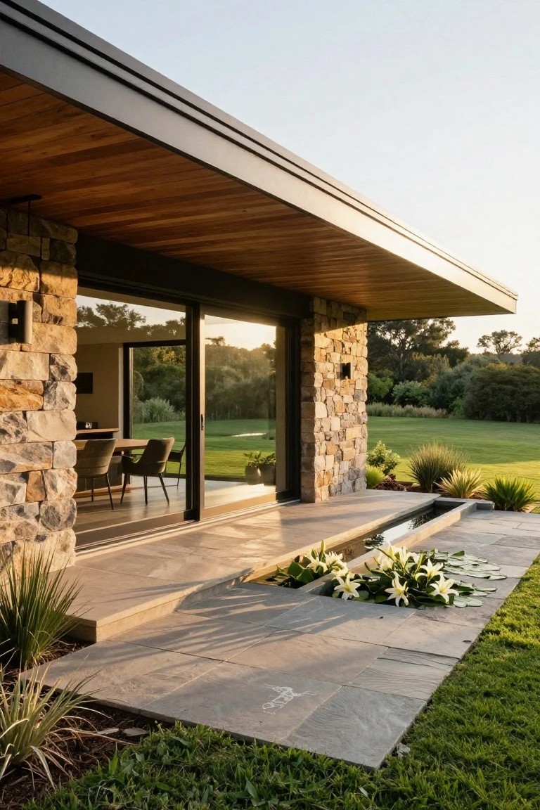 Side exterior view of a modern house with tall stone walls, protruding wooden ceiling overhang, large sliding glass doors opening to a stone terrace with linear water feature containing white lilies and lily pads, flanked by grasses and adjacent green lawn under evening light.