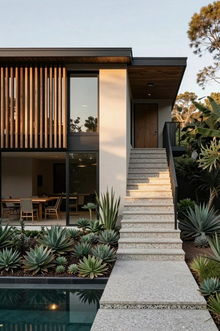 Modern house exterior featuring vertical timber slats, beige stucco walls, large glass windows, a wooden entry door, pebble aggregate stairs ascending from a rectangular pool, bordered by agave plants and a stone pathway.