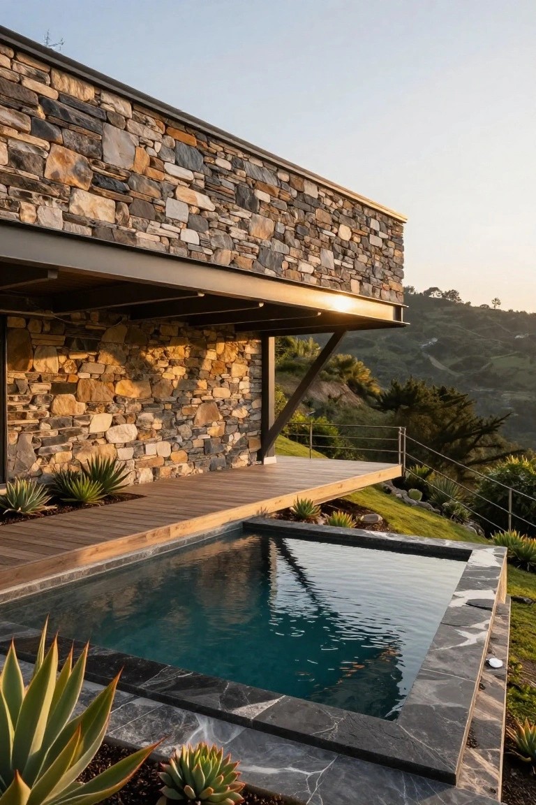 Exterior view of a modern house featuring irregular dark stone walls, a cantilevered metal roof and wooden deck platform above a small turquoise infinity-edge pool with black marble coping, agave plants along the edges, railing, and green hillside landscape in the background during golden hour light.