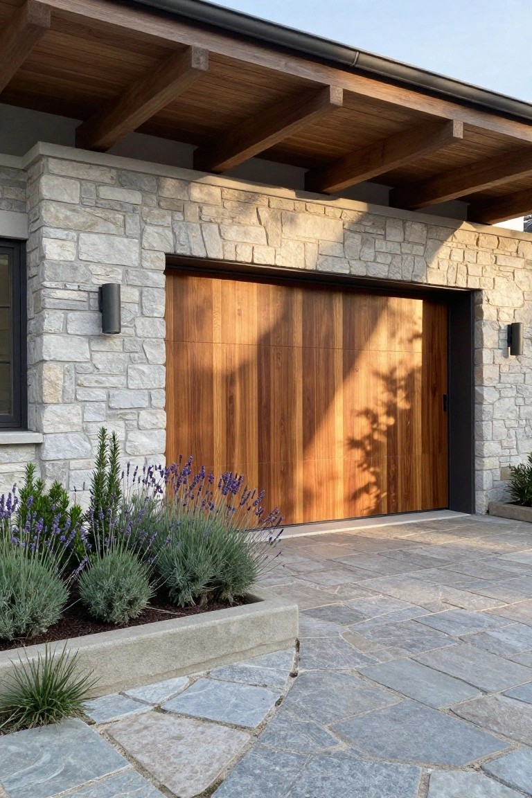 House exterior with light stone walls, large wooden garage door, black wall sconces, exposed wooden ceiling beams, purple lavender plants in a concrete-edged bed, and irregular gray stone paver driveway.
