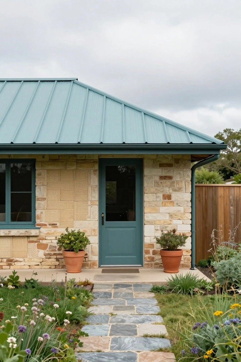 Stone house exterior with beige stone walls, teal metal roof and front door, flanked by two terracotta pots with plants, slate path leading to door, garden plants around base, wooden fence nearby under cloudy sky.