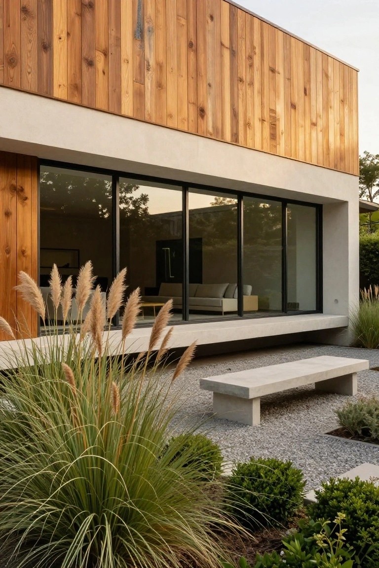 Modern house exterior with vertical wood cladding on the side wall, smooth beige stucco and concrete elements, large black-framed glass windows, and landscaping including tall pampas grass, a concrete bench, gravel ground, and shrubs.