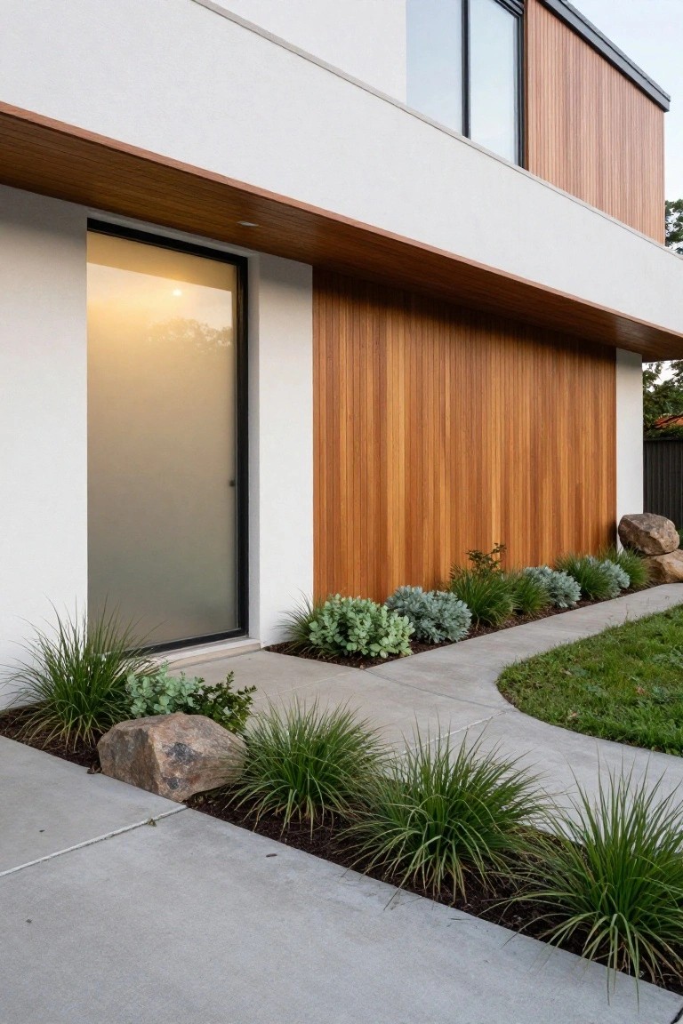 Modern house exterior with white stucco walls, vertical timber cladding on one side, large frosted glass entry door, overhanging wooden soffit, concrete pathway, low grasses, succulents, and rocks along the base.