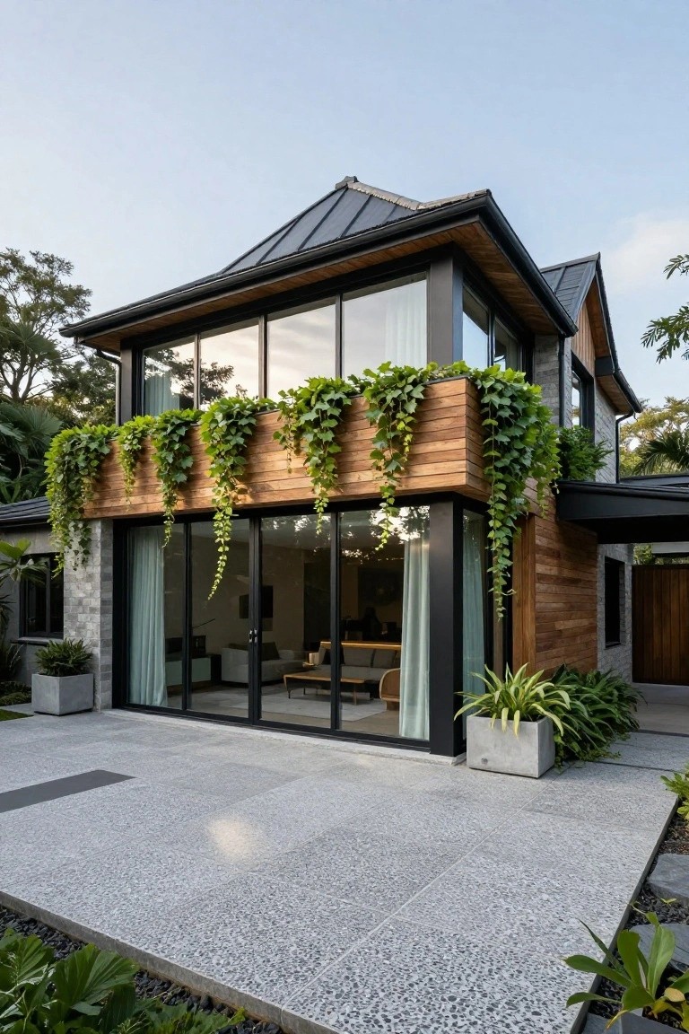 Two-story modern house exterior with black metal roof, wood and stone cladding, large sliding glass doors to a concrete patio, wooden planters overflowing with ivy vines, and tropical plants nearby.