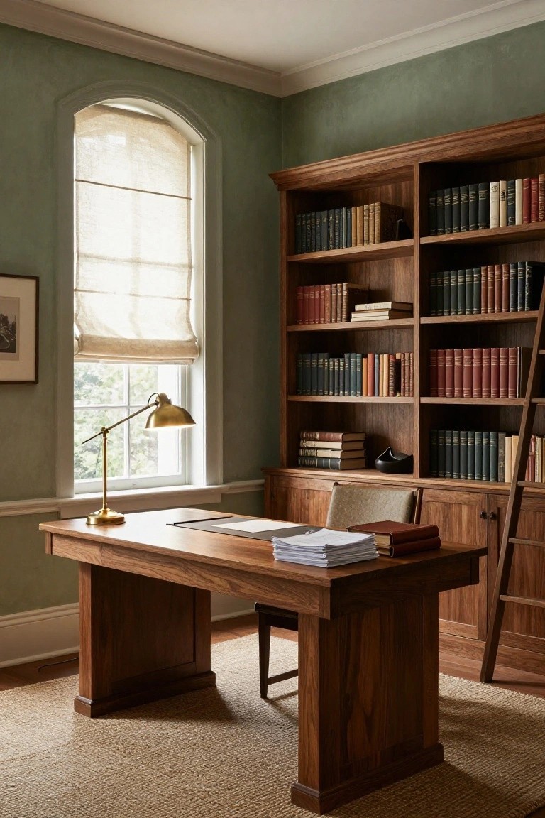 Green study room with wooden floor-to-ceiling bookshelves including a sliding ladder, wooden desk topped with papers and books, brass adjustable lamp, arched window with linen roman shade, and chair.