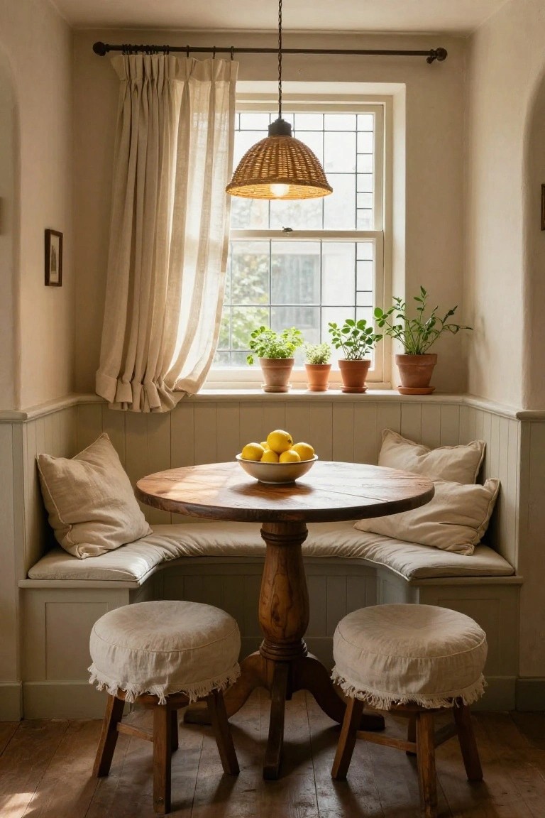 Corner banquette seating with beige cushions, round wooden table holding a bowl of lemons, two upholstered stools, potted herbs on the windowsill, and sheer curtains in a light beige room with a rattan pendant light.