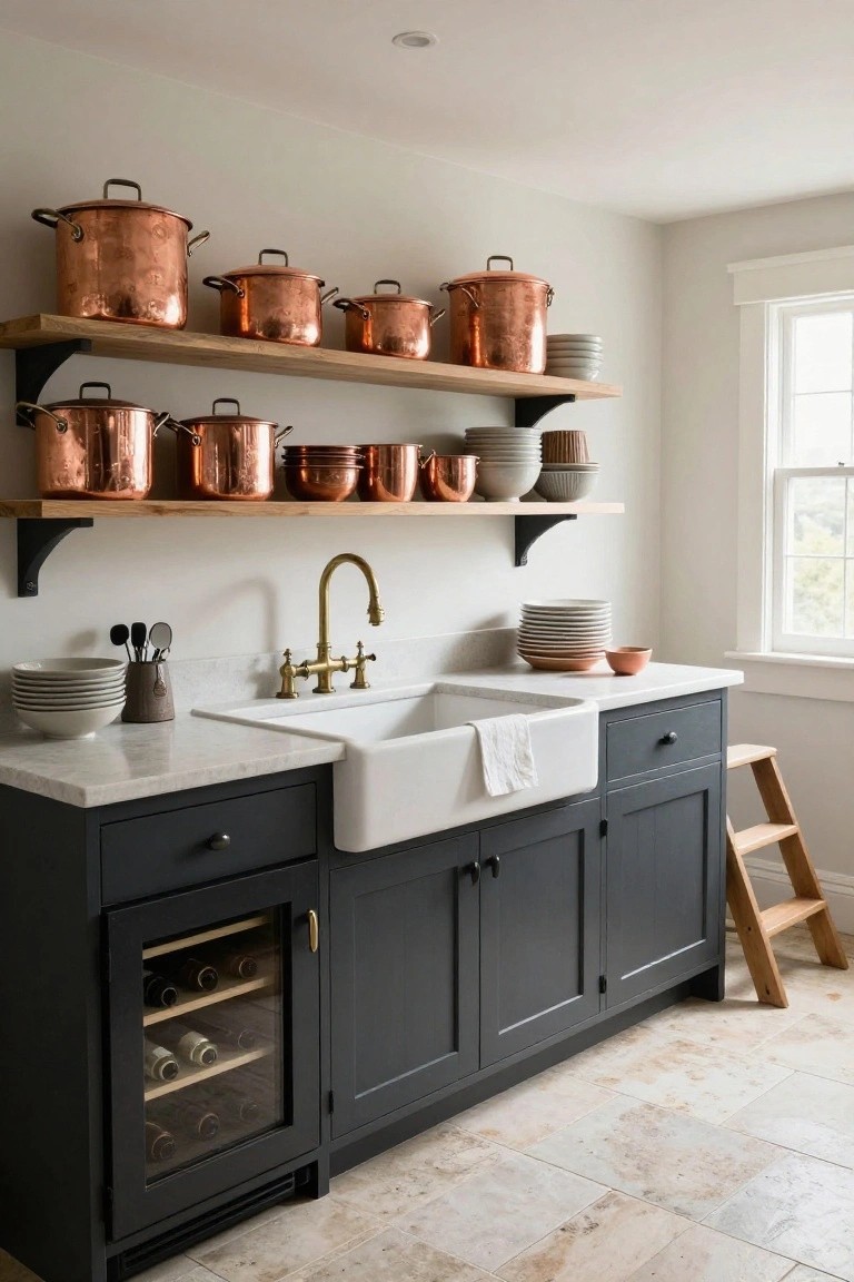 Kitchen with dark navy cabinets, white farmhouse sink, brass faucet, marble countertop, wooden open shelves holding copper pots and white dishes, and a wooden step stool nearby.