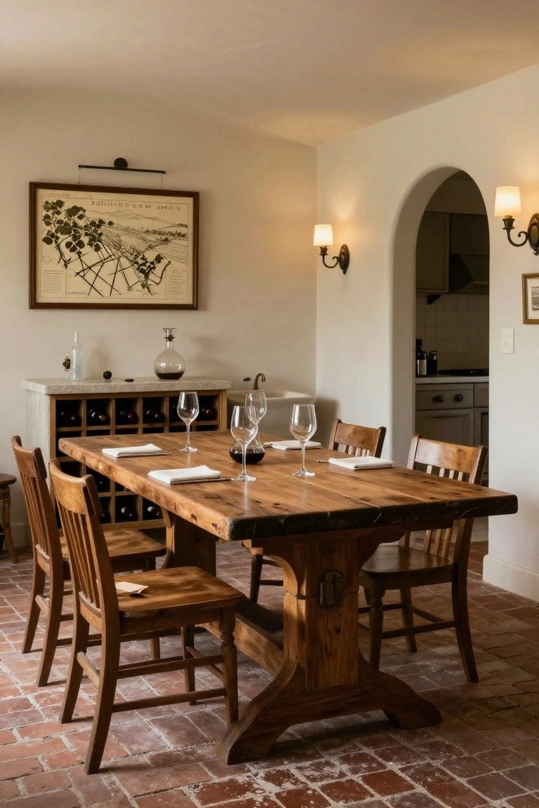 Dining room with large rectangular rustic wooden table, wooden chairs, white napkins and wine glasses on table, adjacent wooden wine cabinet, arched doorway to kitchen, on terracotta brick floor.