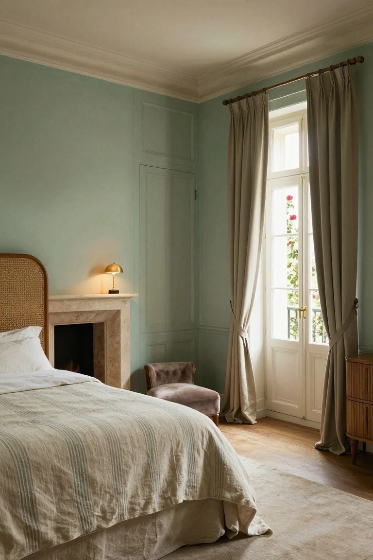 Bedroom interior with pale sage green paneled walls, rattan headboard bed with white and beige linens next to a lit marble fireplace, small velvet chair, bamboo side table, and beige curtains framing French doors with climbing roses outside.