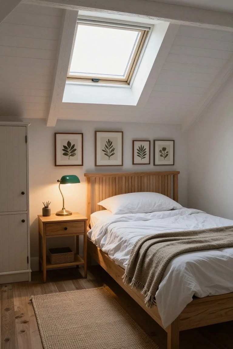 Small attic bedroom with white sloped ceilings and wooden beams, oak single bed draped in white sheets and wool throw, matching nightstand holding green banker's lamp and potted plant clippings, three framed botanical prints above bedhead, white wardrobe beside bed, seagrass rug on wood floor.