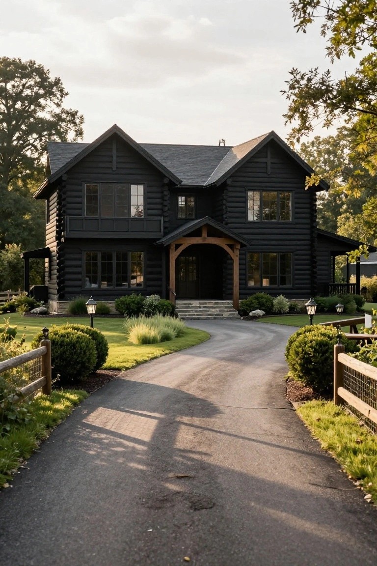 Two-story black log cabin with timber accents on the gabled roof and entry porch, large black-framed windows, stone steps, lantern lights, boxwood shrubs, ornamental grasses, and a curved driveway edged by split-rail fence.