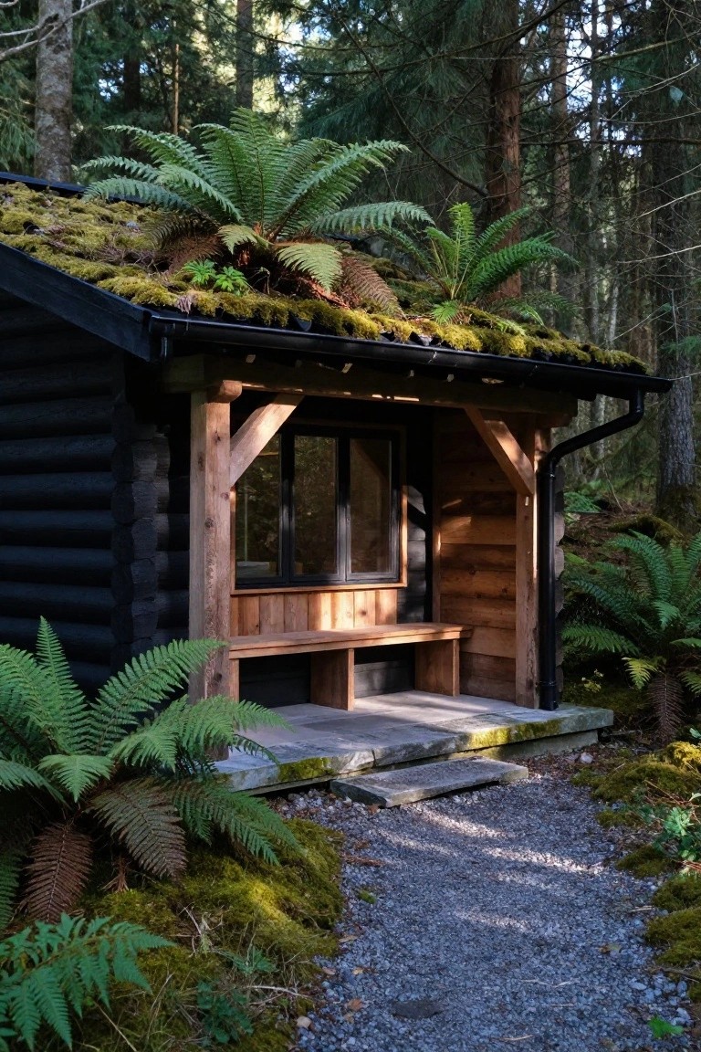 Small black log cabin with moss- and fern-covered green roof, wooden porch with bench, stone steps, gravel path, and surrounding ferns and forest trees.