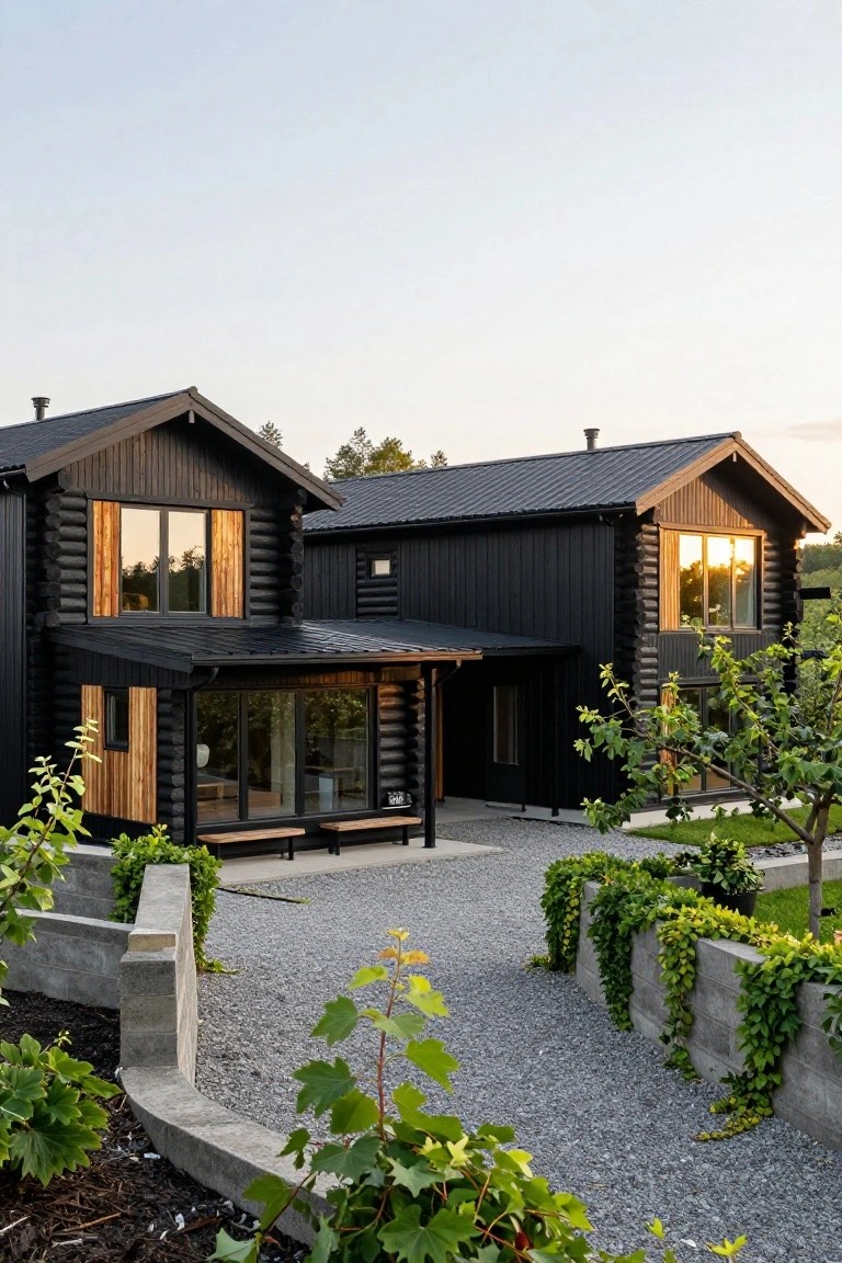 Two-story black log cabin house with gabled roof and attached modern black rectangular extension, featuring large windows, a covered porch entry, gravel driveway, and concrete retaining walls with greenery.