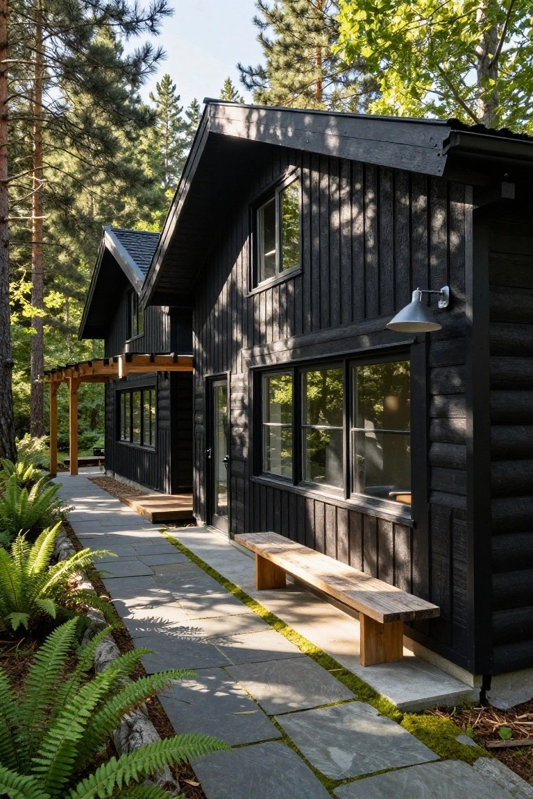 Side exterior view of a two-story black vertical wood-clad cabin with gabled roof, wooden entry porch, bench on stone pathway lined with ferns, surrounded by pine trees and greenery.