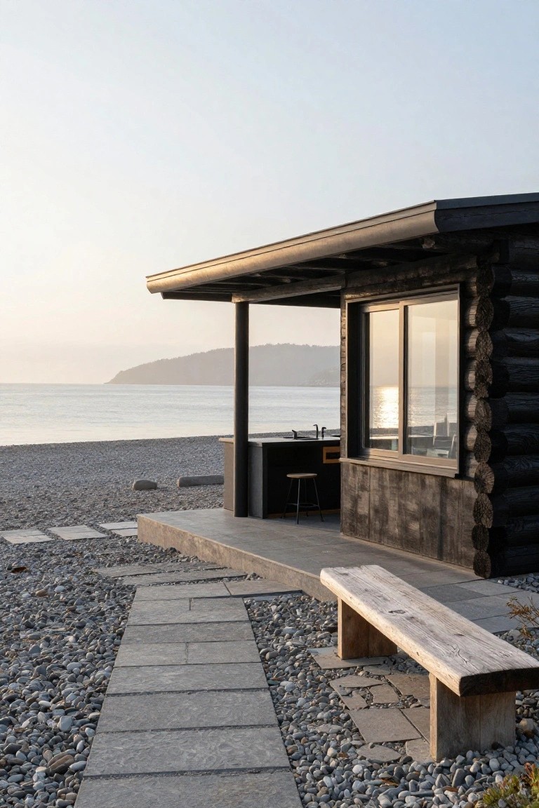 Black log cabin with covered porch featuring outdoor kitchen counter, sink, stools, wooden bench, stone path, and pebbly beach leading to calm sea at dusk.