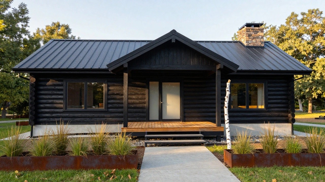 Black log cabin exterior with dark metal gable roof, stone chimney, frosted glass entry door, black-framed window, wooden deck with steps, and surrounding grass, plants, and trees in autumn light.
