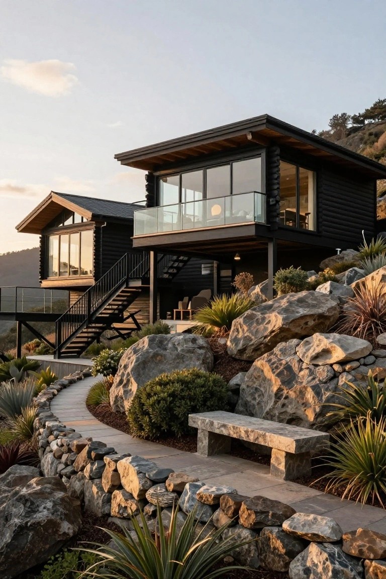 A two-story black log cabin perched on a rocky hillside with an elevated glass-walled balcony, black metal staircase, stone pathway, and native plants surrounding large boulders at sunset.