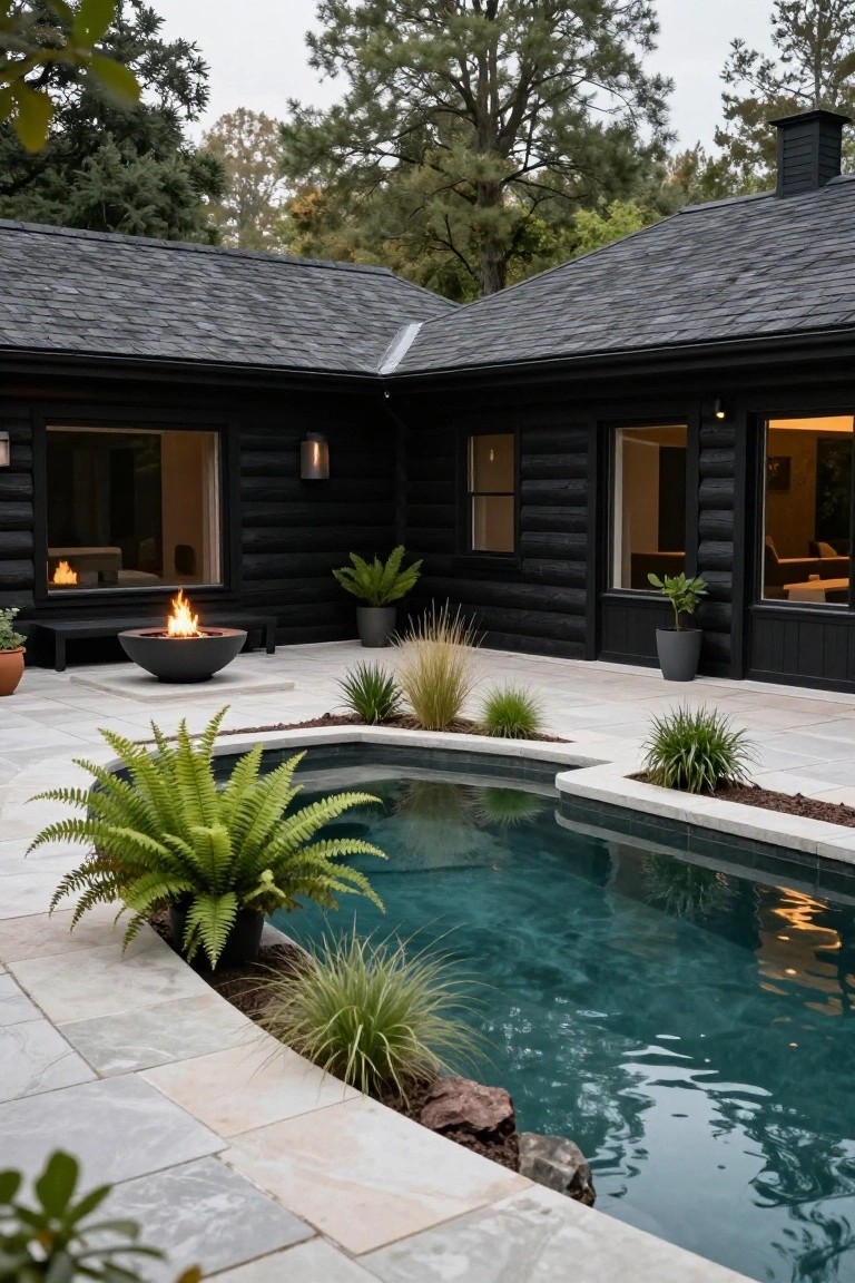 Curved turquoise pool edged with plants and stone beside a black log cabin, with a central black bowl fire pit burning on a light stone paver patio, potted ferns and grasses nearby, and trees in the foggy background.
