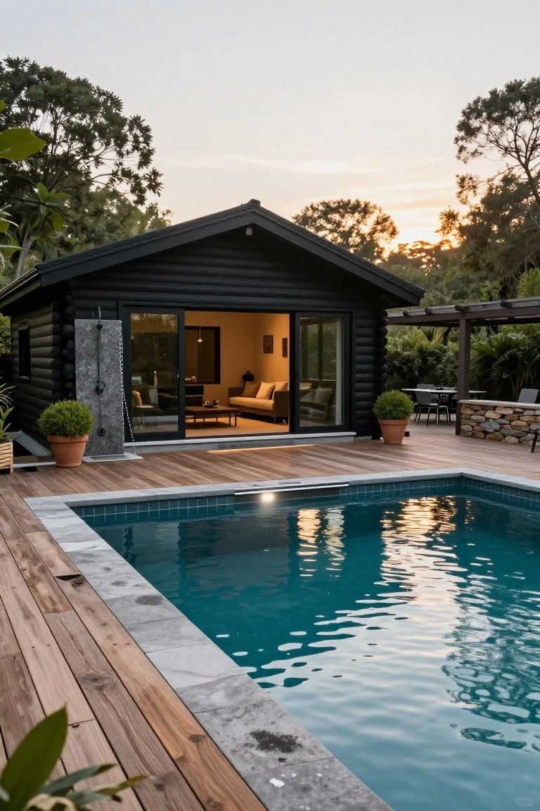 Black log cabin exterior with open glass doors adjacent to a wooden deck and rectangular blue pool, stone outdoor shower pillar next to the house, pergola-covered dining table, potted plants, and trees at sunset.