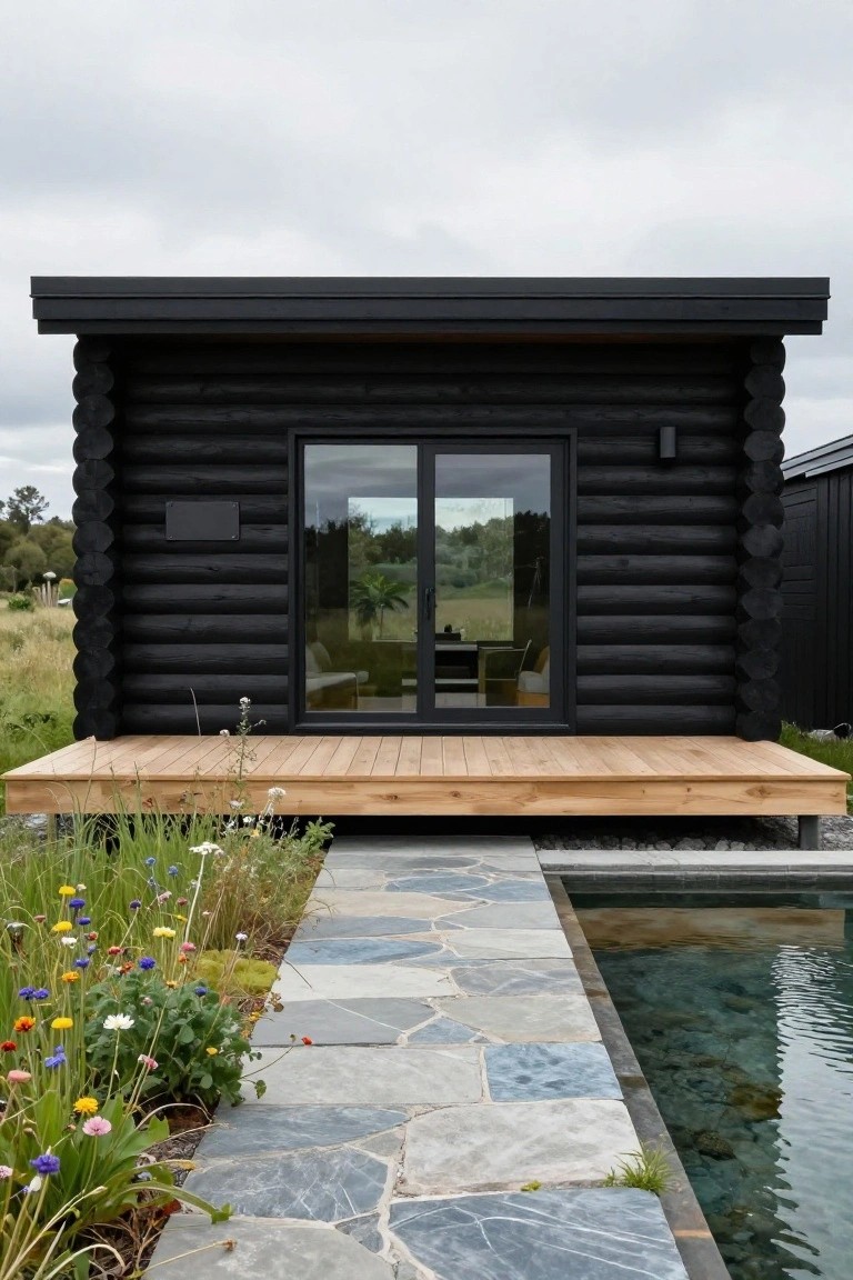 Black round-log cabin with flat roof and large black-framed glass sliding doors elevated on a light wood deck platform, adjacent to a stone path with wildflowers leading to a pool.