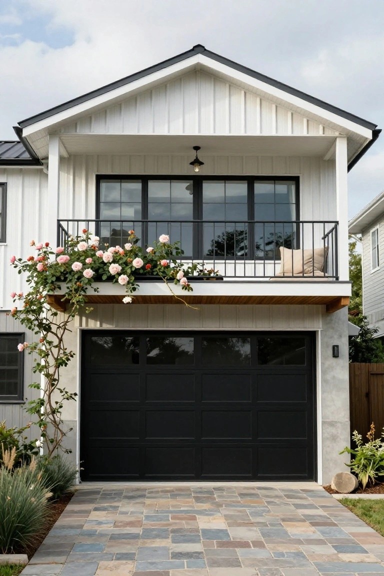Modern white house with black garage door, balcony, and pink climbing roses.