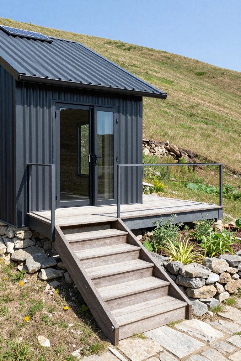 Small dark gray corrugated metal cabin on a hillside with wooden deck platform, stairs, glass entry doors, solar panel on roof, stone retaining walls, and surrounding grass and plants.