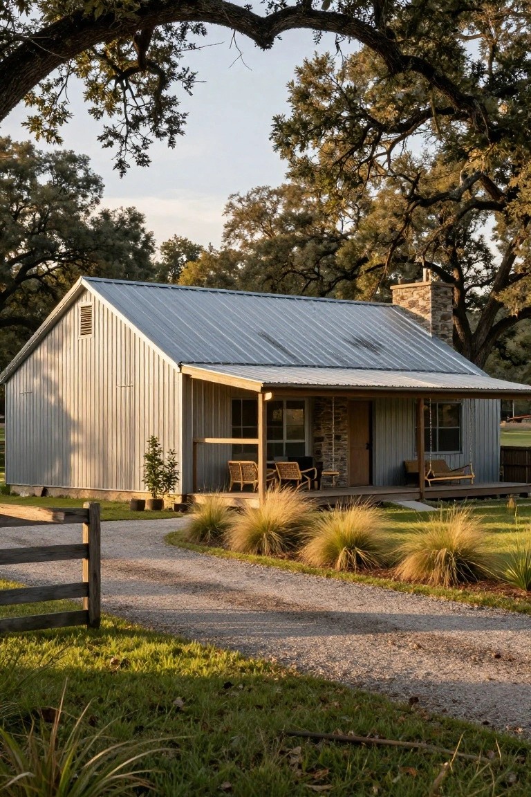 Small gabled house with light gray corrugated metal siding and roof, covered wooden porch with rattan chairs and swings, stone chimney, gravel path, native grasses, and oak trees in a rural yard.