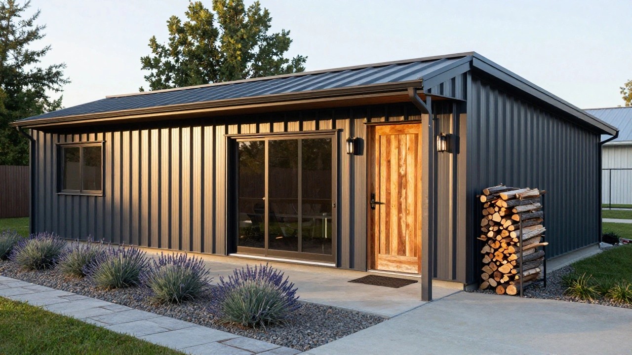 Exterior of a dark gray corrugated metal shed building with sliding glass doors, a firewood stack on a wooden rack nearby, and purple lavender plants along a curved concrete path.