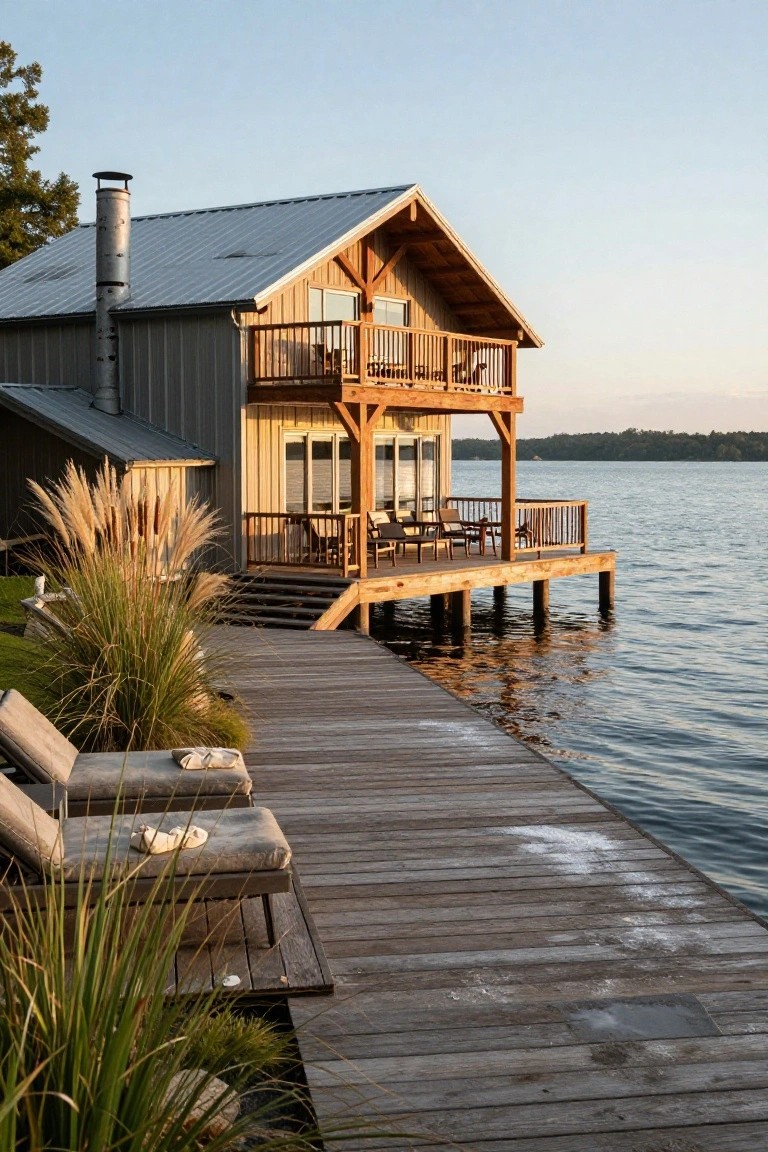 Two-story house with gray metal roof and siding, light wood vertical cladding on upper section, timber-framed balcony and elevated deck extending to a wooden dock on a lake, flanked by tall ornamental grasses and two lounge chairs on the dock.