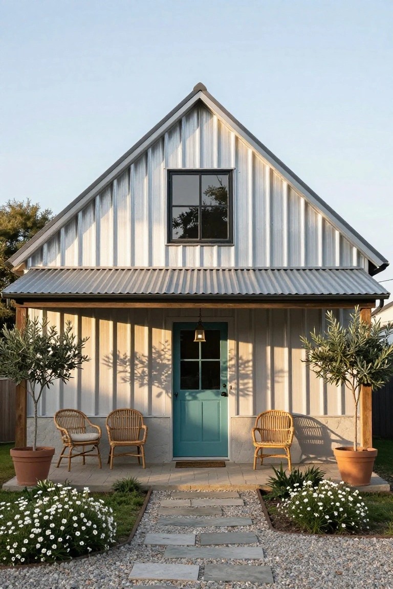 Front view of a small gable-roofed house with white corrugated metal siding and roof, black-framed upper window, turquoise front door under a wooden porch with rattan chairs, olive trees in pots on either side, stone path through gravel and white flower beds.