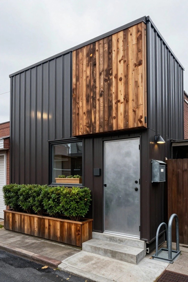 Compact rectangular home with dark gray corrugated metal siding, vertical panel of dark charred wood planks on one side, silver metal entry door, narrow black-framed window with indoor plants, wooden planter boxes with green boxwood shrubs, exterior light, bike rack, and concrete steps on a sidewalk.
