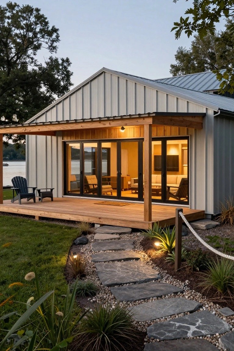 Gray metal-sided house with wooden porch, deck, and railing overlooking a lake, large sliding glass doors visible inside, stone pathway with plants leading from grass to entry.