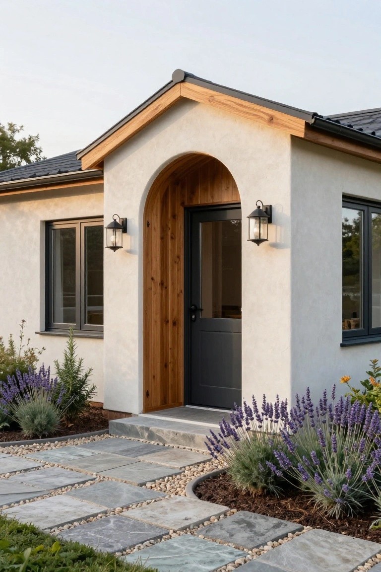 Front exterior of a small house with beige stucco walls, dark wooden arched entry door with glass panel, black lantern lights on either side, narrow dark-framed windows, dark shingled roof, and lavender plants bordering a gray stone pathway with pebble edging.