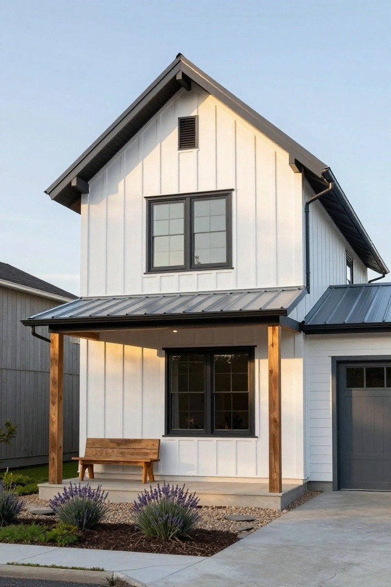 Two-story white board-and-batten house exterior with black-framed windows, metal-roofed covered porch supported by wooden posts, wooden bench, lavender plants in gravel beds, and attached gray garage door on a concrete driveway.