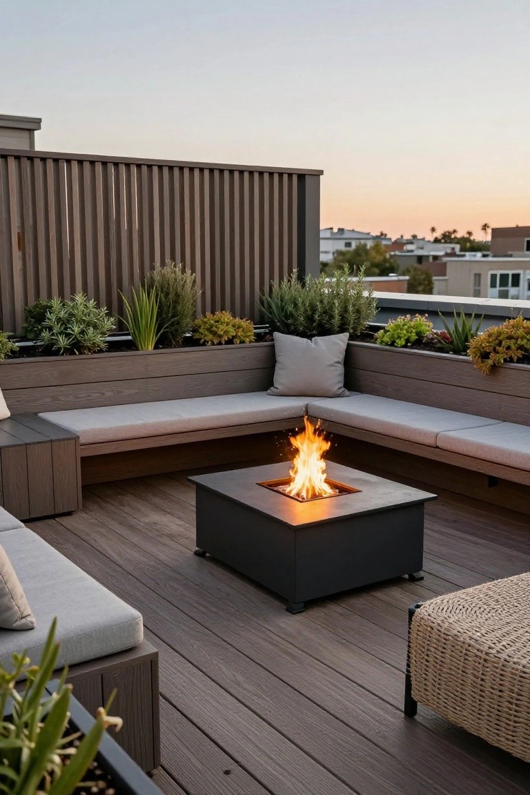 Rooftop deck with L-shaped wooden benches and gray cushions arranged around a square black fire pit table, potted plants along the edges, wooden fence backdrop, and sunset sky.