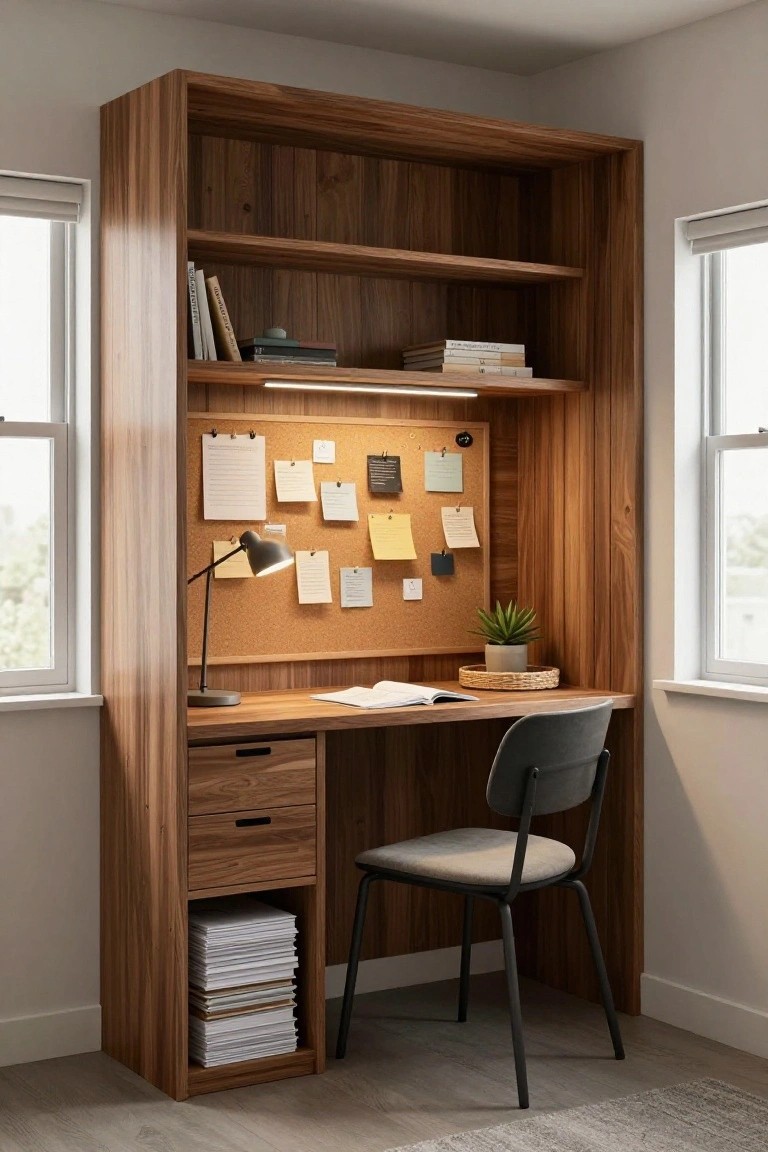 Wooden corner built-in unit with open shelves holding books and papers, integrated desk with drawers, corkboard covered in notes, desk lamp, potted plant, woven tray, and black chair in a light room with two windows.