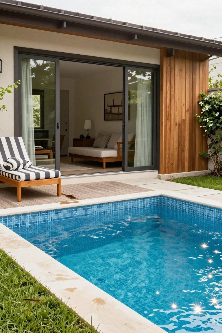 Wooden-clad modern home with open sliding glass doors to interior, striped lounge chair on deck beside small blue mosaic-tiled plunge pool, grass and plants around the edges.
