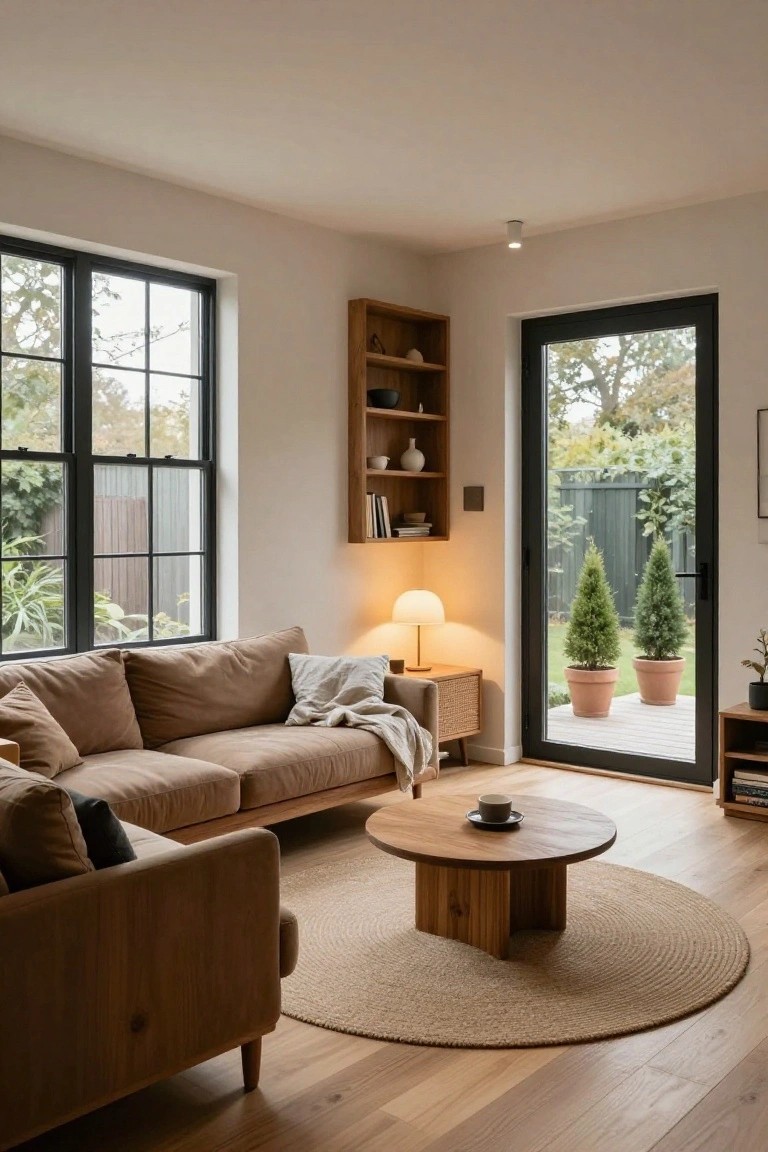 Beige sofa in a light corner living room with wooden coffee table on round seagrass rug, floating wood shelves, rattan side table with lamp, and black-framed windows and door overlooking garden with potted trees and fence.