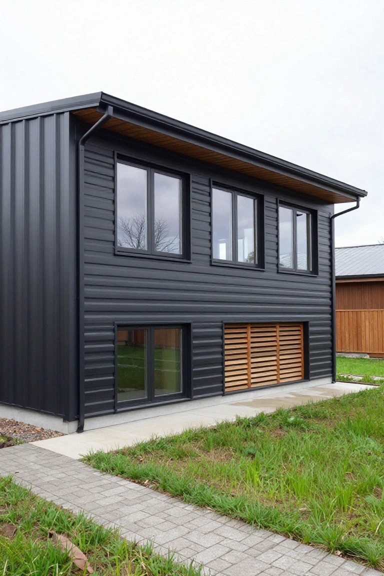 Side view of a black corrugated metal house with horizontal siding, large dark-framed windows, wooden eaves and slatted lower panel, concrete pathway, grass yard, and another wooden building nearby.