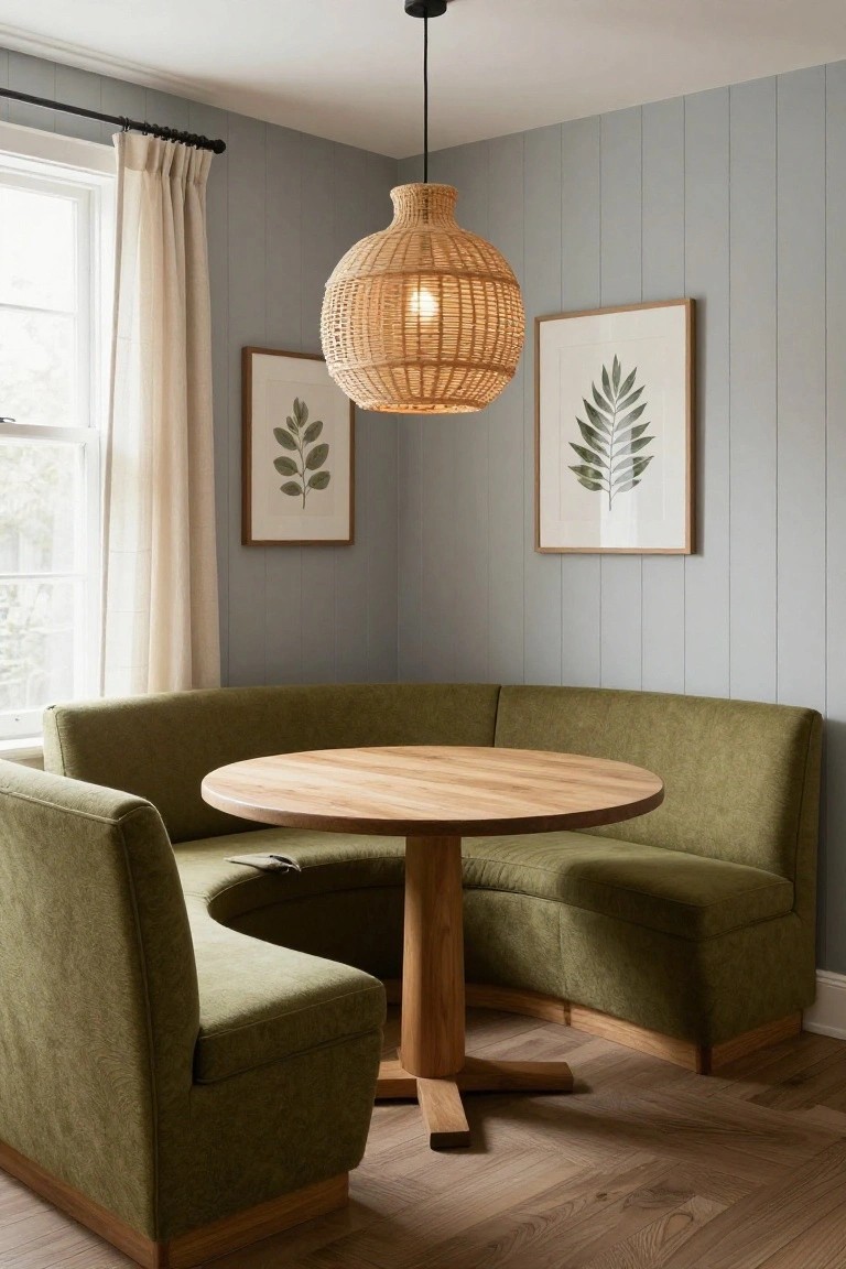 Round wooden dining table with curved green banquette and woven pendant light.