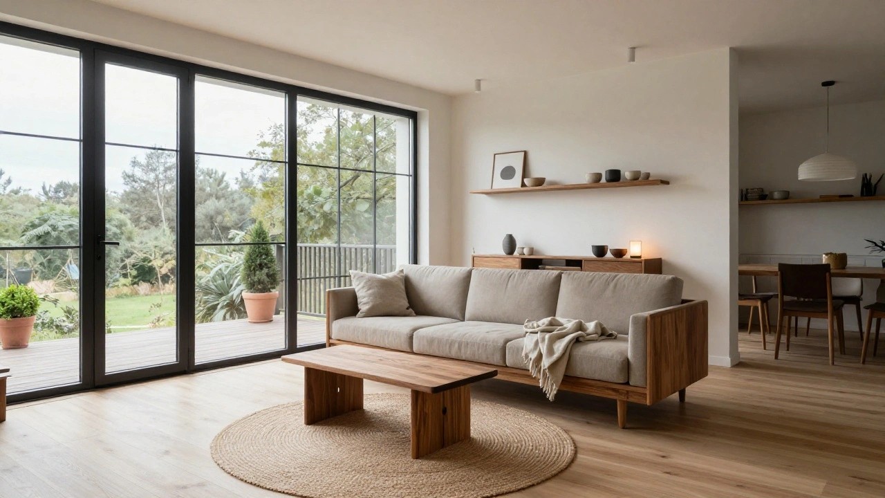 Beige sofa in a light corner living room with wooden coffee table on round seagrass rug, floating wood shelves, rattan side table with lamp, and black-framed windows and door overlooking garden with potted trees and fence.