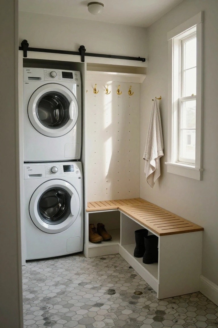 Laundry room interior with stacked white washers and dryers, wooden slat bench with boot and shoe storage underneath, brass hooks on white wall, hanging towel, and gray hexagonal tile floor.