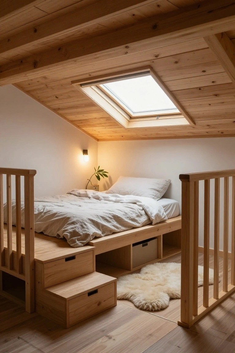 Attic bedroom with raised wooden platform bed, integrated stairs with storage drawers, wooden railings, skylight overhead, white walls, warm wall lamp, plant, and sheepskin rug on wood floor.