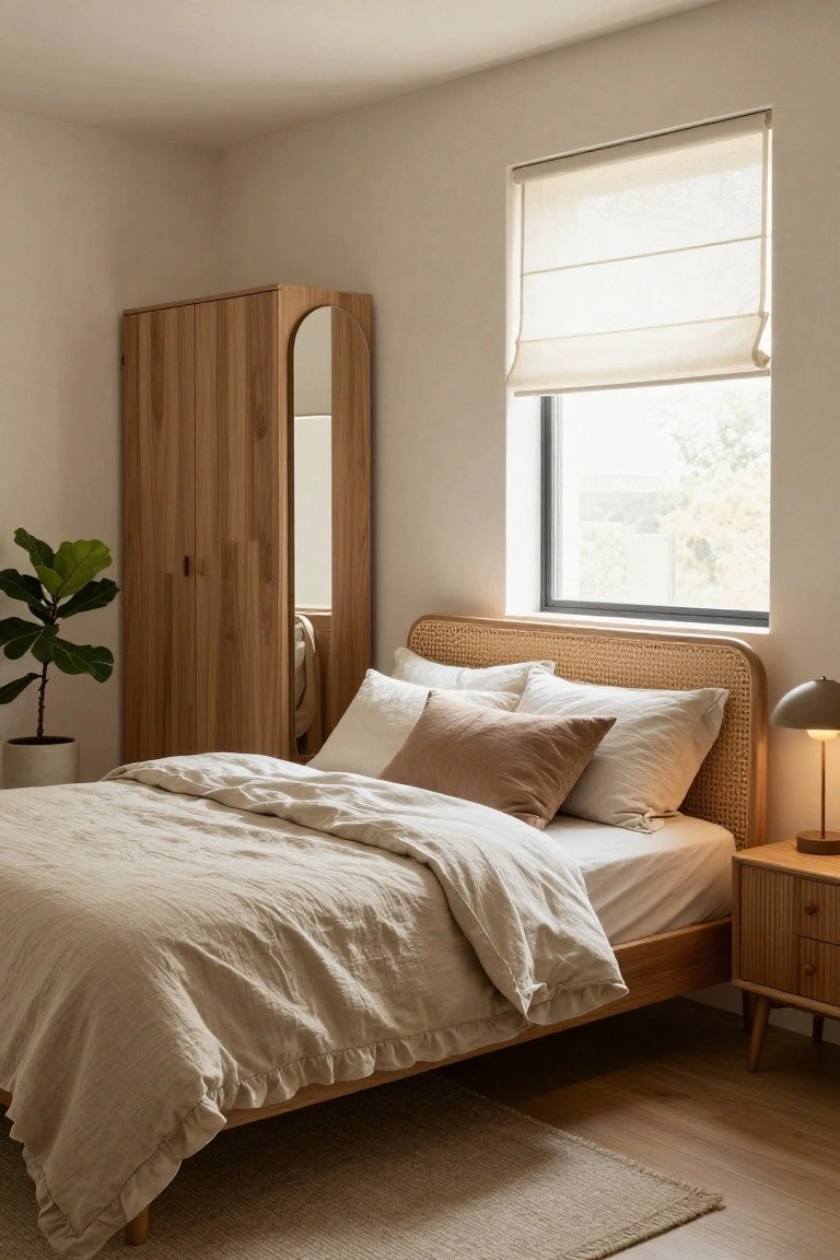 Bedroom interior with wooden wardrobe featuring arched mirror, rattan headboard bed dressed in white and beige linens, wooden nightstand with dome lamp, potted fiddle leaf fig plant, roller shade on window, and light wood floors with beige rug.