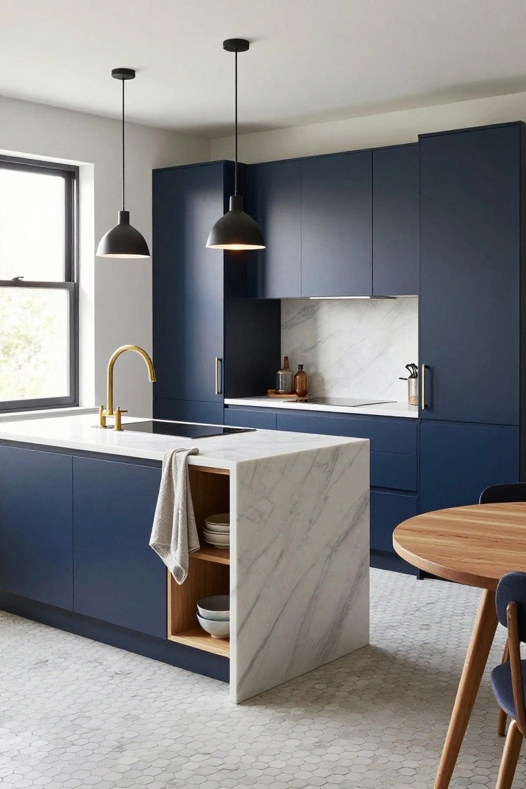 Modern kitchen interior with navy blue cabinets, white marble countertops and island, gold faucet, black pendant lights, wooden stools, and white hexagon tile floor.
