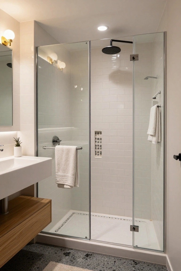 Modern compact bathroom with frameless glass walk-in shower enclosed by white subway tile walls, wooden floating vanity with potted plant, towels on rails, and pebble drain strip in shower floor.