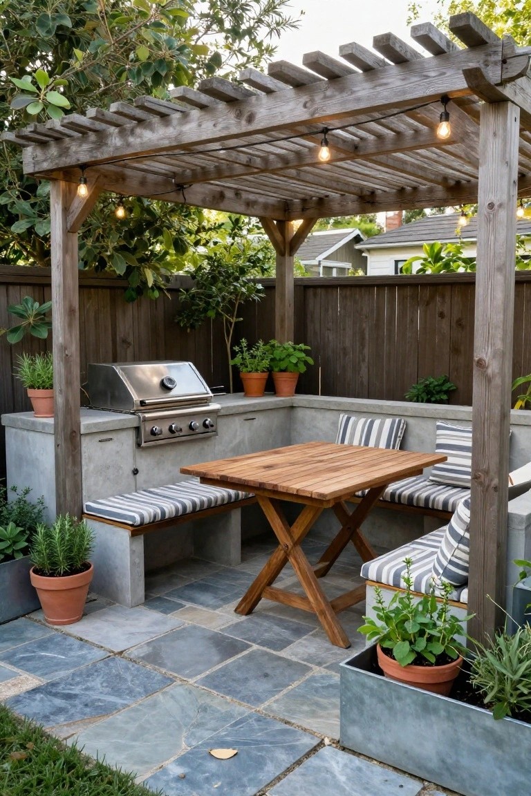 Corner backyard outdoor kitchen with stainless steel grill on concrete counters, L-shaped cushioned bench seating around a rectangular wooden table under a wooden pergola with string lights, potted plants, and slate tile patio.